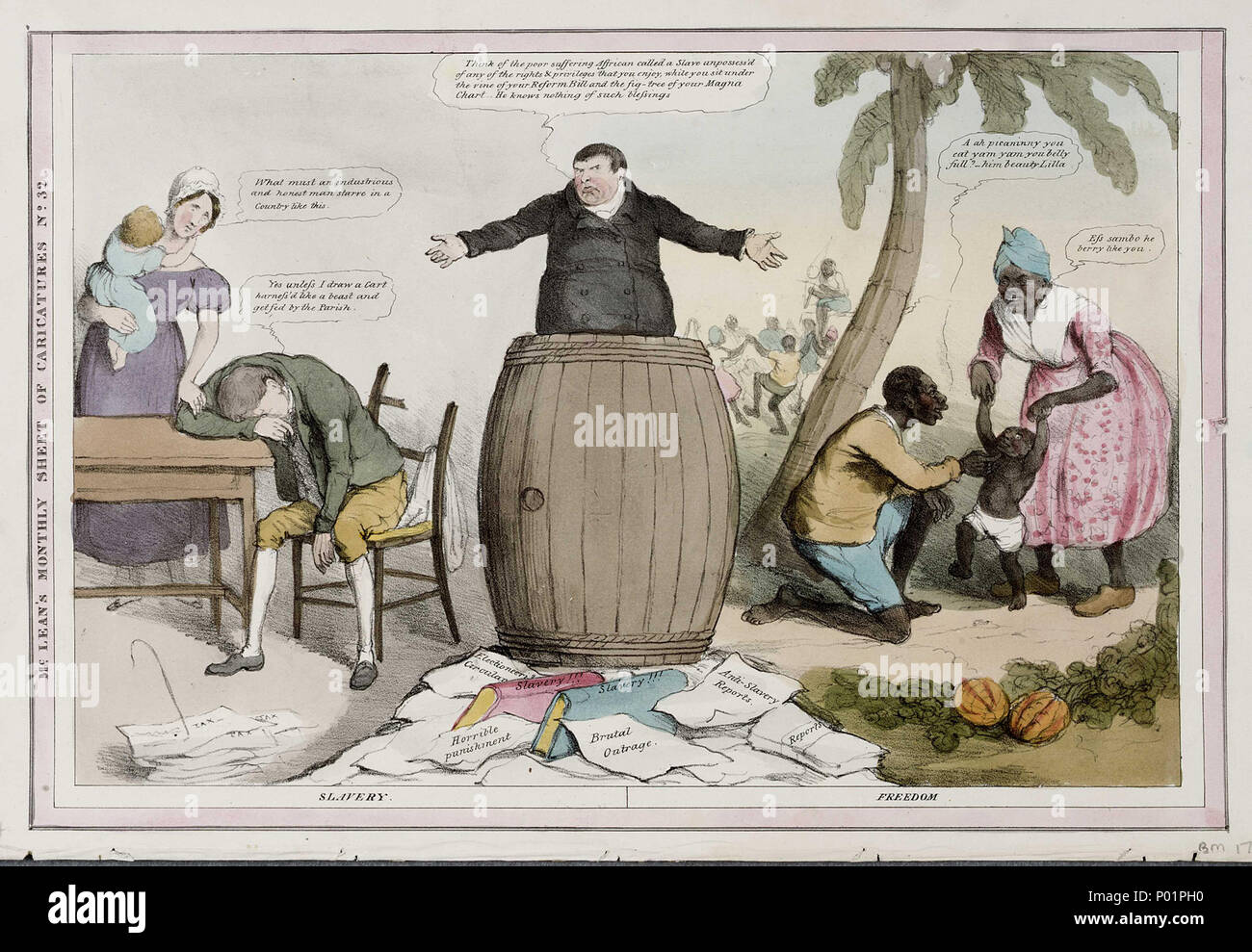.  English: 'Slavery/Freedom'In the 1830s, the drive to end colonial slavery coincided with widespread social discontent in Britain and demands for parliamentary reform and legislation to address the social problems associated with rapid industrialisation and urbanisation. This print illustrates the perceived hypocrisy of the anti-slavery campaign. To the right, a group of people appear to be happy despite their enslavement. In sharp contrast, to the left, a British family is burdened with taxation and poverty. The man in the centre invites the viewer to consider the situation: ‘Think of the p Stock Photo