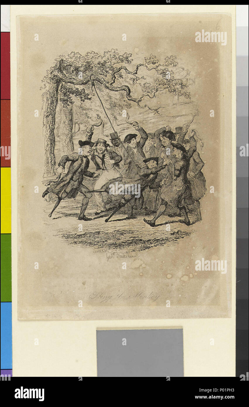 English: 'Sling the Monkey' (Greenwich Pensioners caricature) Greenwich  Pensioners playing a rough game in Greenwich Park, in which a man with two  peg-legs is slung in support by a rope from