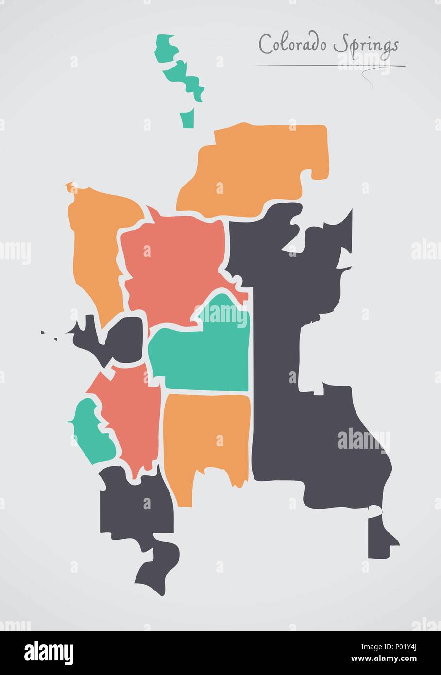Colorado Springs CO Map with neighborhoods and modern round shapes Stock Vector