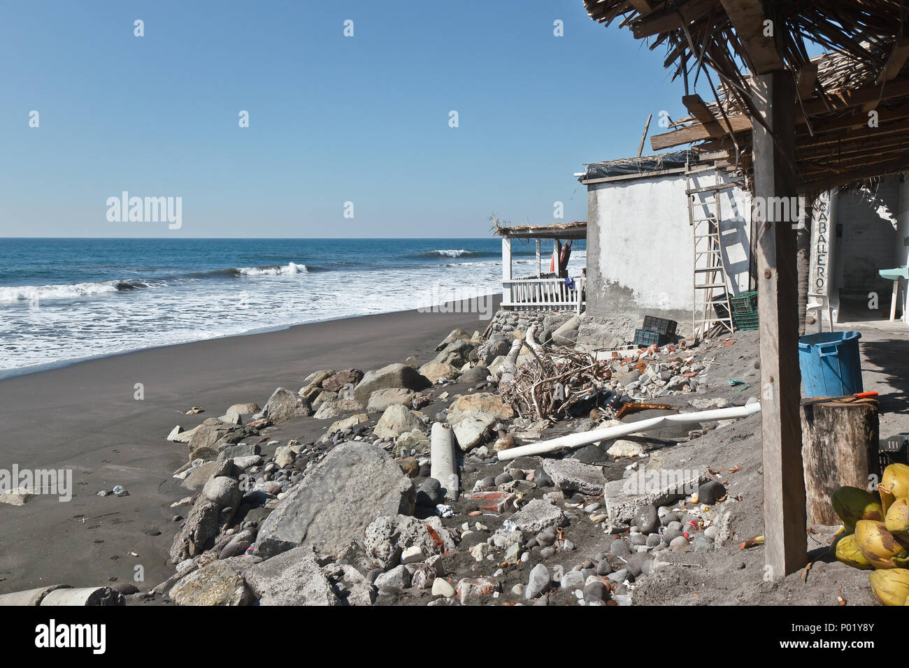 Damaged beach cafe after Hurricane Patricia, Cuyutlan, Mexico Stock Photo