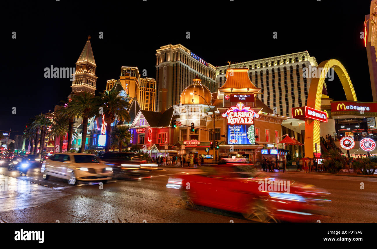 Las Vegas, Nevada - May 27, 2018 : Casino Royale and Venetian Resort Hotel Casino, South Las Vegas Boulevard at night Stock Photo