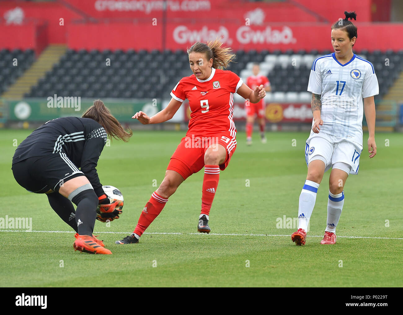 Wales v Bosnia in action during the Women's World Cup Qualifiers at Liberty Stadium Swansea Swansea Wales on June 07 2018 Graham / GlennSports Stock Photo