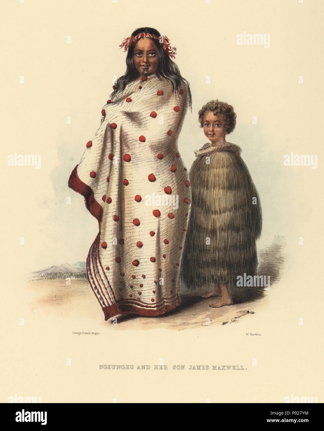 . English: NGEUNGEU AND HER SON JAMES MAXWELL [Image of page 17] PLATE III. NGEUNGEU, AND HER SON JAMES MAXWELL. NGEUNGEU is the daughter of Tara, the principal chief of the Nga-ti-tai tribe, and was married to Thomas Maxwell, an industrious and enterprising settler, who resided for many years at the Island of Waiheke, situated in the frith of the Thames, near the entrance of the river Waitemata, on the banks of which the Town of Auckland is built. She is the mother of several interesting children, besides the one delineated in the plate. About three years ago, she lost her husband, who was dr Stock Photo