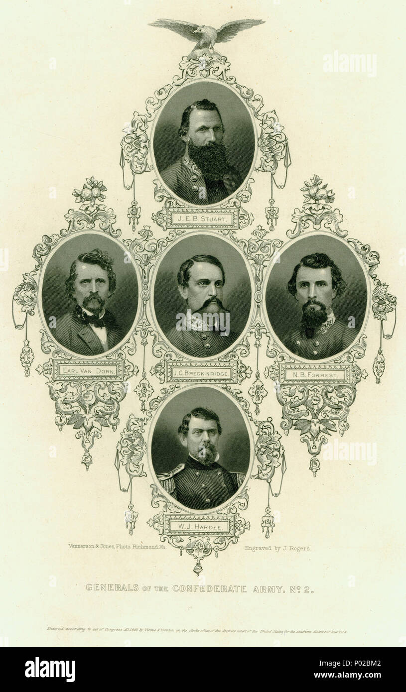 . English: Print of bust portraits of five Confederate generals. Subjects include Generals J. E. B. Stuart, Earl Van Dorn, J. C. Breckinridge, Nathaniel Bedford Forrest, and W. J. Hardee. Names are printed below portraits. 'GENERALS OF THE CONFEDERATE ARMY. No. 2.' (printed below image). 'From: The Great Civil War. Vol. III by Robt. Tomes, M. D. and Benjamin G. Smith New York Virtue and Yorston 12 Dey [?] Street' (written on reverse side). Taken from 'The Great Civil War, vol. III.' by Robert Tomes, M.D. and Benjamin G. Smith. Book was published by Virtue and Yorston, 1865. Title: 'Generals of Stock Photo