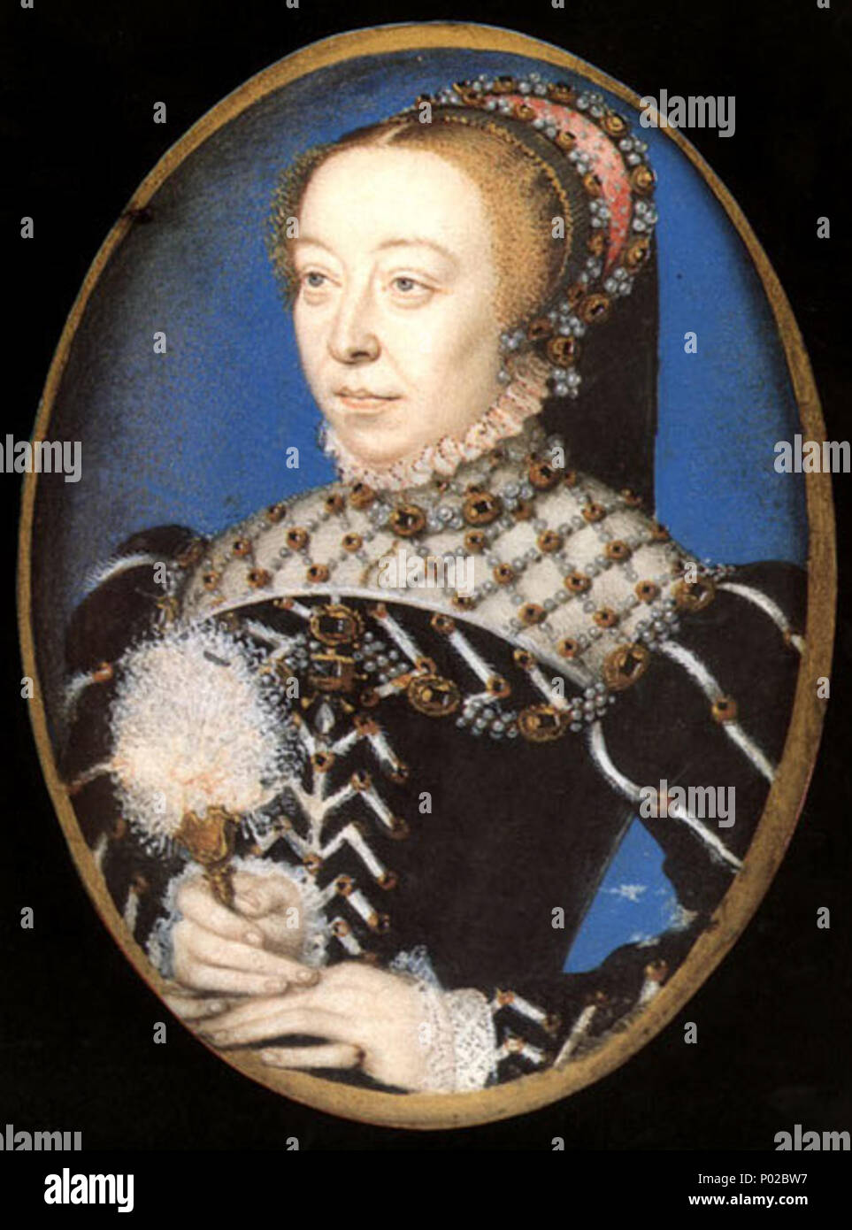 . (Dropped shadow version) Miniature of Catherine de' Medici, 'a rare portrait of Catherine before she was widowed in 1559, when she adopted the veil and severely plain dress of a widow.'  . Portrait of Catherine de' Medici (1519-1589) . circa 1555 16 Catherinedemedicishadow Stock Photo