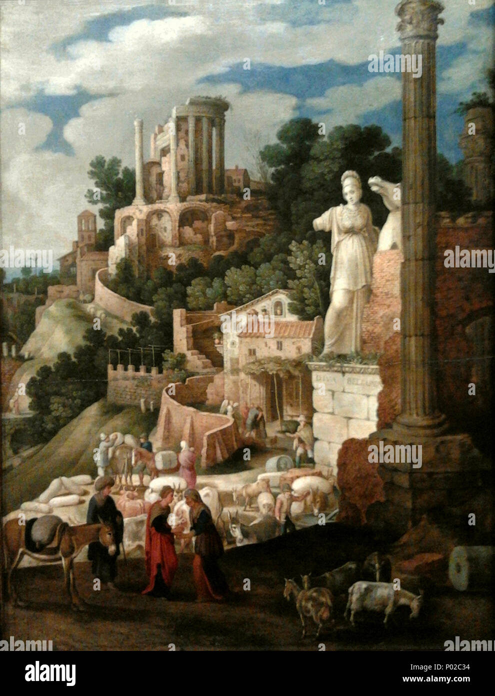 . Landscape with antique ruins, the Temple of Vesta, a statue of Bellona and a scene of the return of the young Tobit to the house of his parents. 1614 16 Nieulandt Landscape with antique ruins Stock Photo