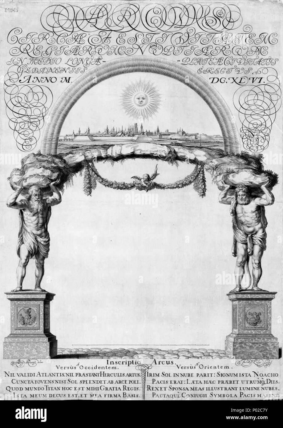 .  English: Hercules with the lion skin right  . Triumphal gate with Atlas and Hercules (Arcus Gratiae et Pacis) 16 Falck Arcus Gratiae et Pacis Stock Photo