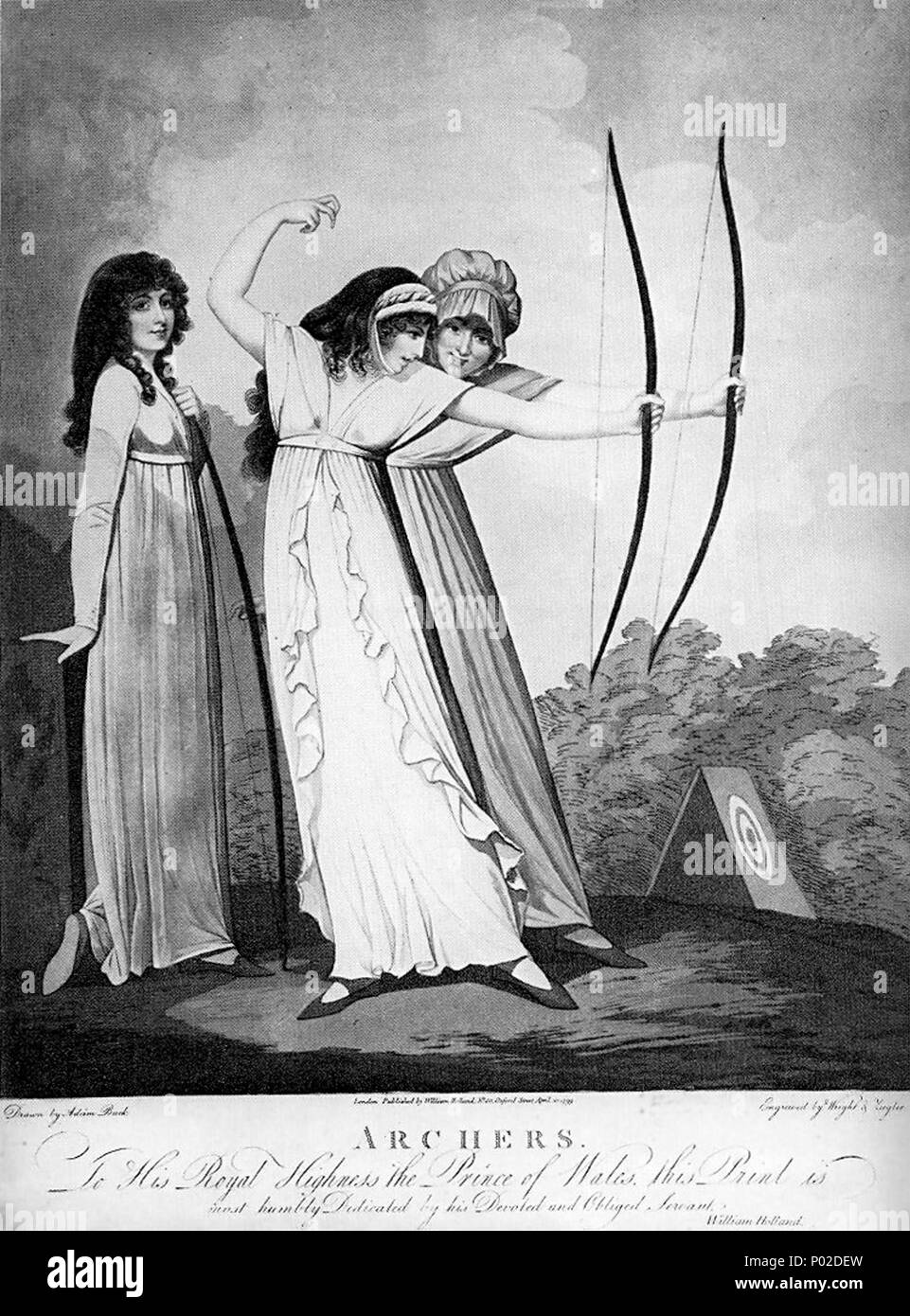 . 'Archers', an April 1799 'pin-up' type print, engraved after a drawing by Adam Buck, and with a dedication to the Prince Regent. At the time, archery was one of the few competitive sports that adult women of the 'genteel' classes could respectably engage in (others were battledore/shuttlecock -- a precursor to badminton -- and for a tiny social elite, old-fashioned 'court tennis'). For discussion of ca. 1800 'pin-up' prints, see image description page Image:1800-jumprope-pinup-Sophia-Western.jpg . What might not be obvious from a 21st-century point of view is that in 1799 the loosely-flowing Stock Photo