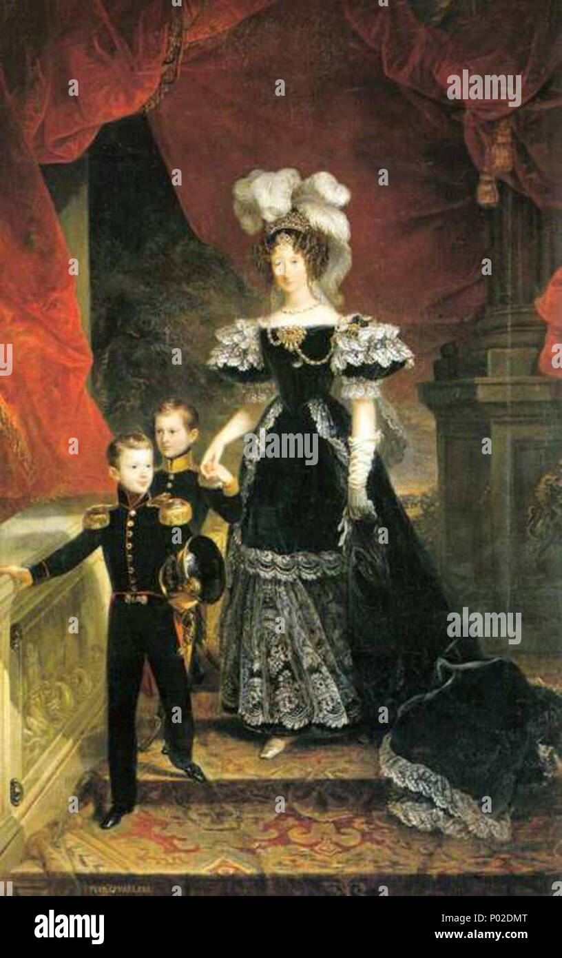 .  English: Queen Maria Theresa with her two sons, Victor Emmanuel and Ferdinand  . Portrait of the Queen of Piedmont with her sons . 1832 20 Cavalleri Painting of Queen of Piedmont with sons 1832 Stock Photo