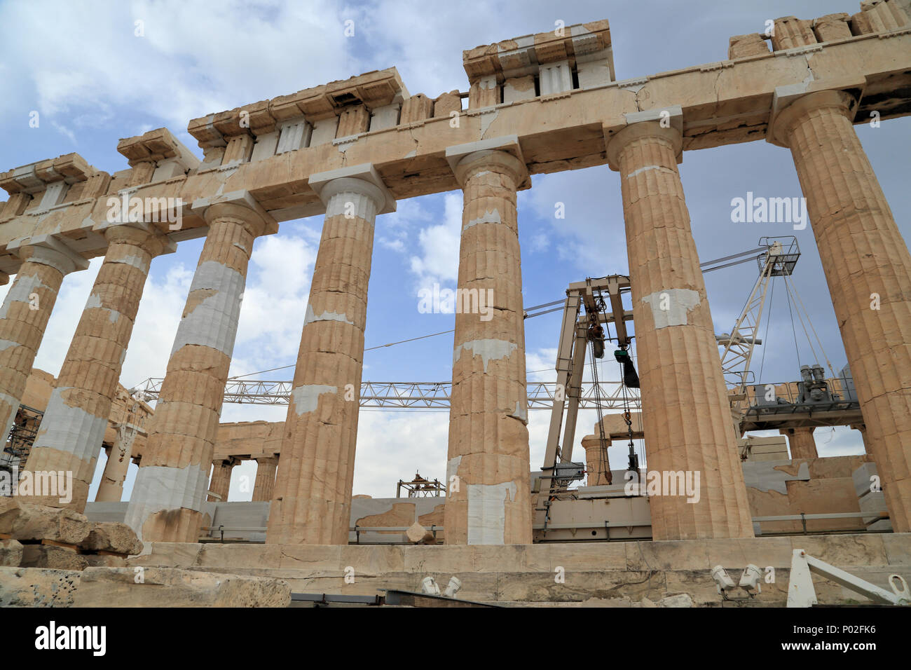 Replaced stones in marble columns, Parthenon temple, restoration of the Acropolis Stock Photo