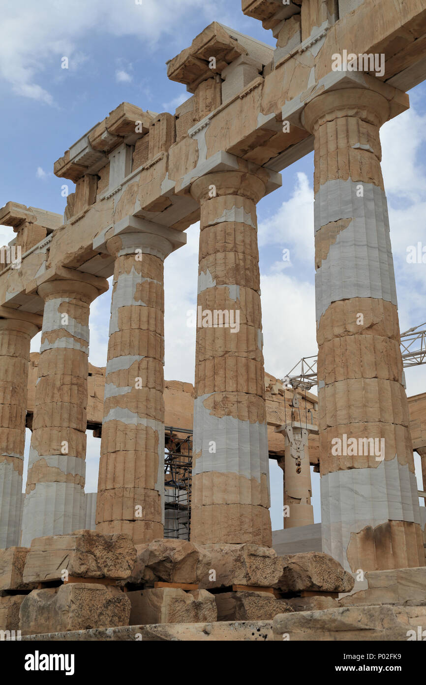 Replaced stones in marble columns of the Parthenon temple, restoration of the Acropolis Stock Photo