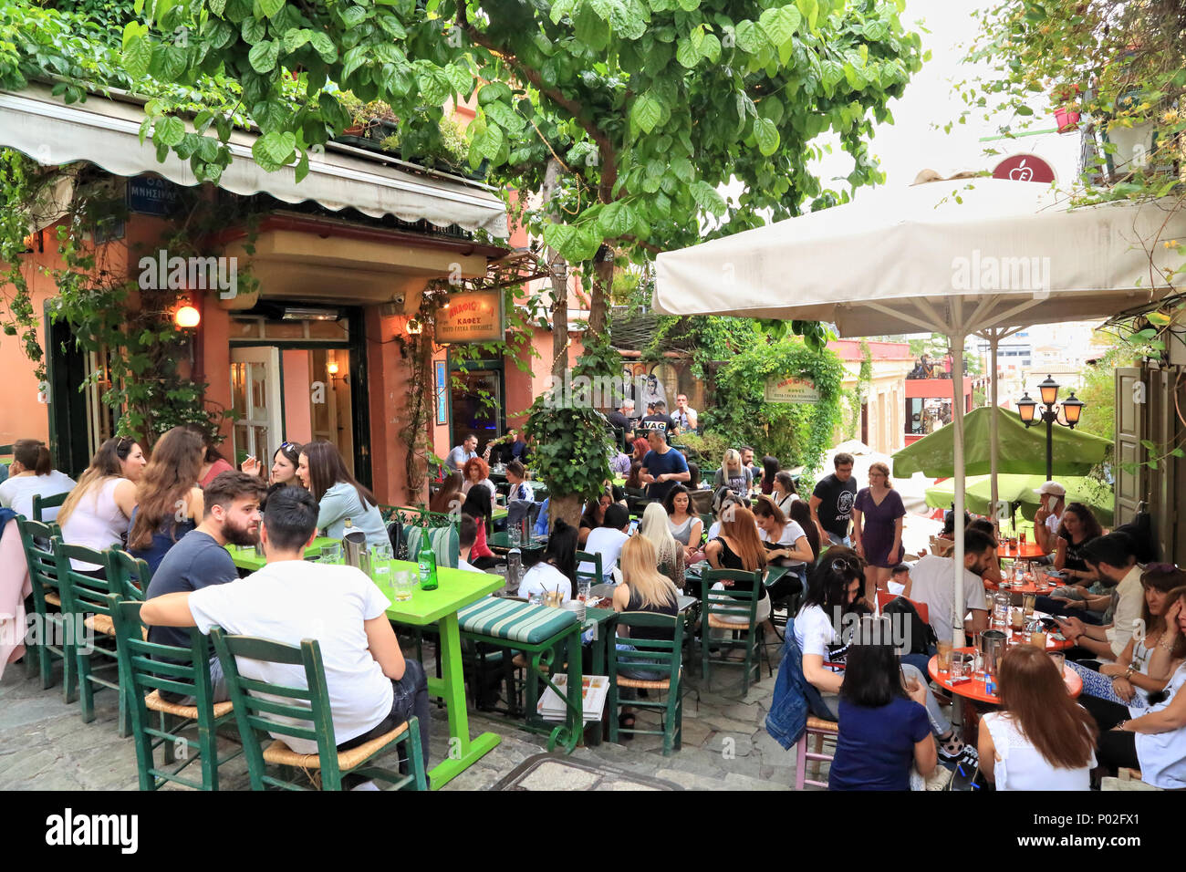 Bars restaurants at Plaka Stairs, Athens: Anafiotika Cafe Stock Photo