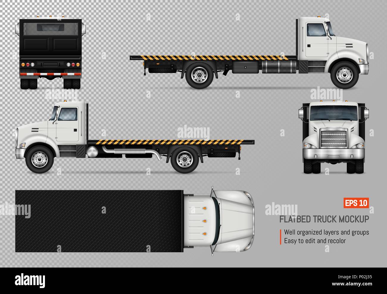 Flatbed truck vector mockup. Isolated template of the white lorry on transparent background for vehicle branding, corporate identity. Stock Vector
