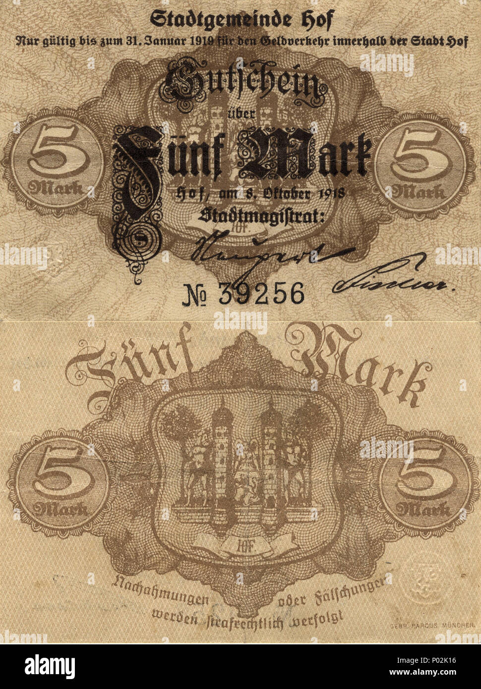 . Deutsch: 5 Mark, Hof, 1918  . 8 October 1918. Stadt Hof 1 Hof5Mark1918 Stock Photo