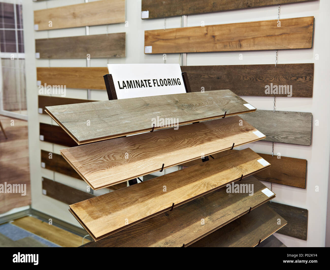 Samples of wooden laminate panels in the building store Stock Photo