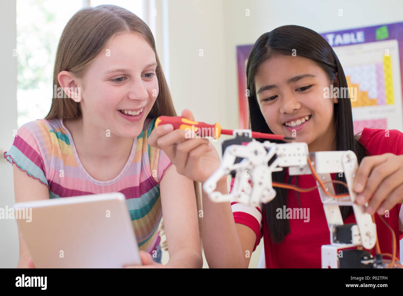 Two Female Pupils In Science Lesson Studying Robotics Stock Photo