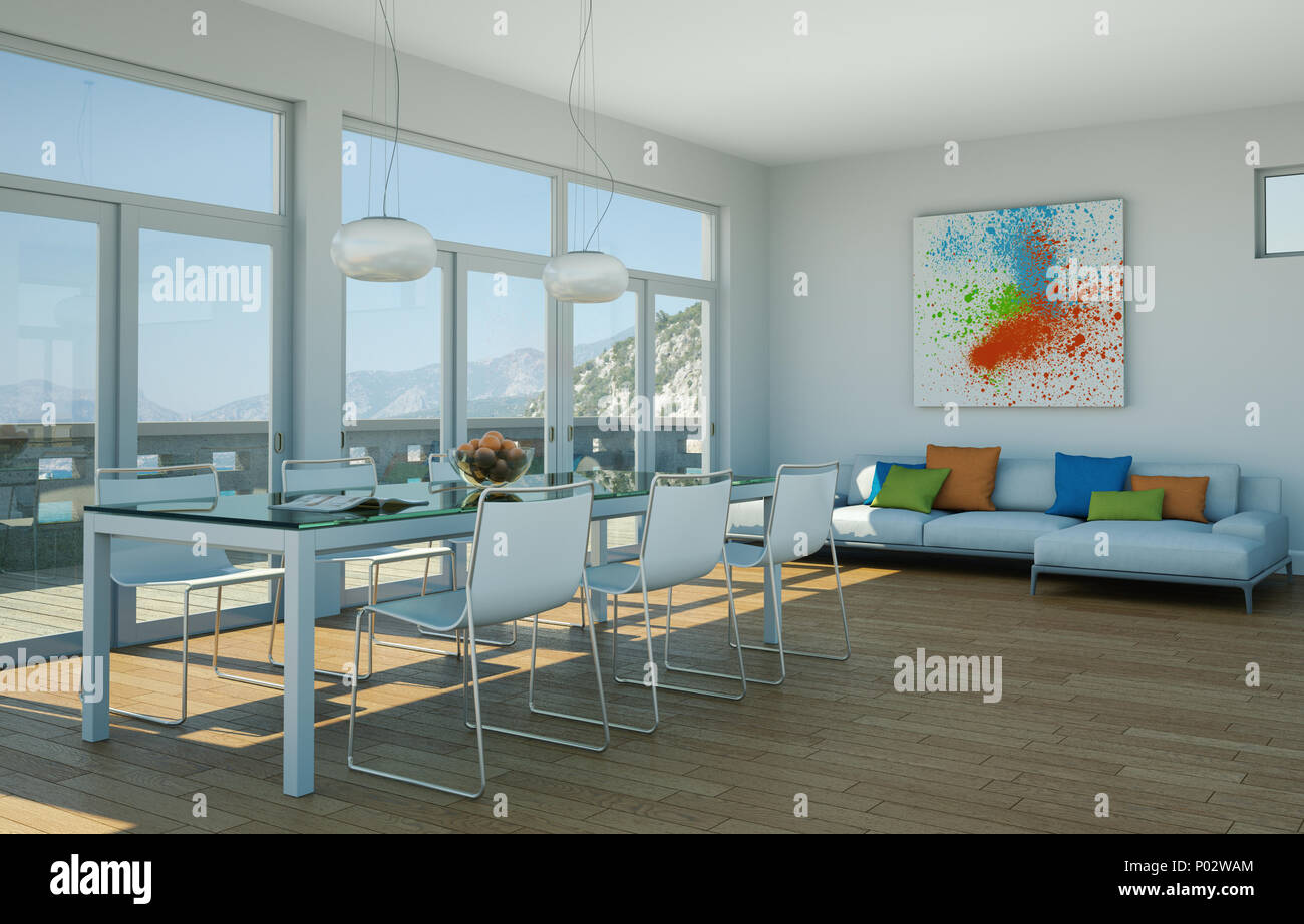 Modern bright room interior design with sofa and dining table Stock