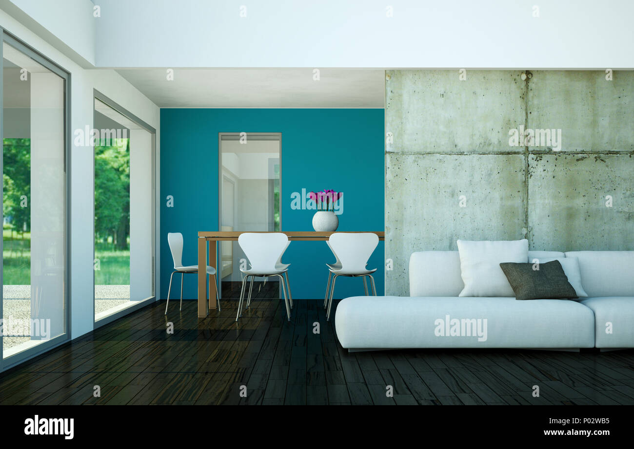 Modern bright loft interior design with sofa and dining table Stock