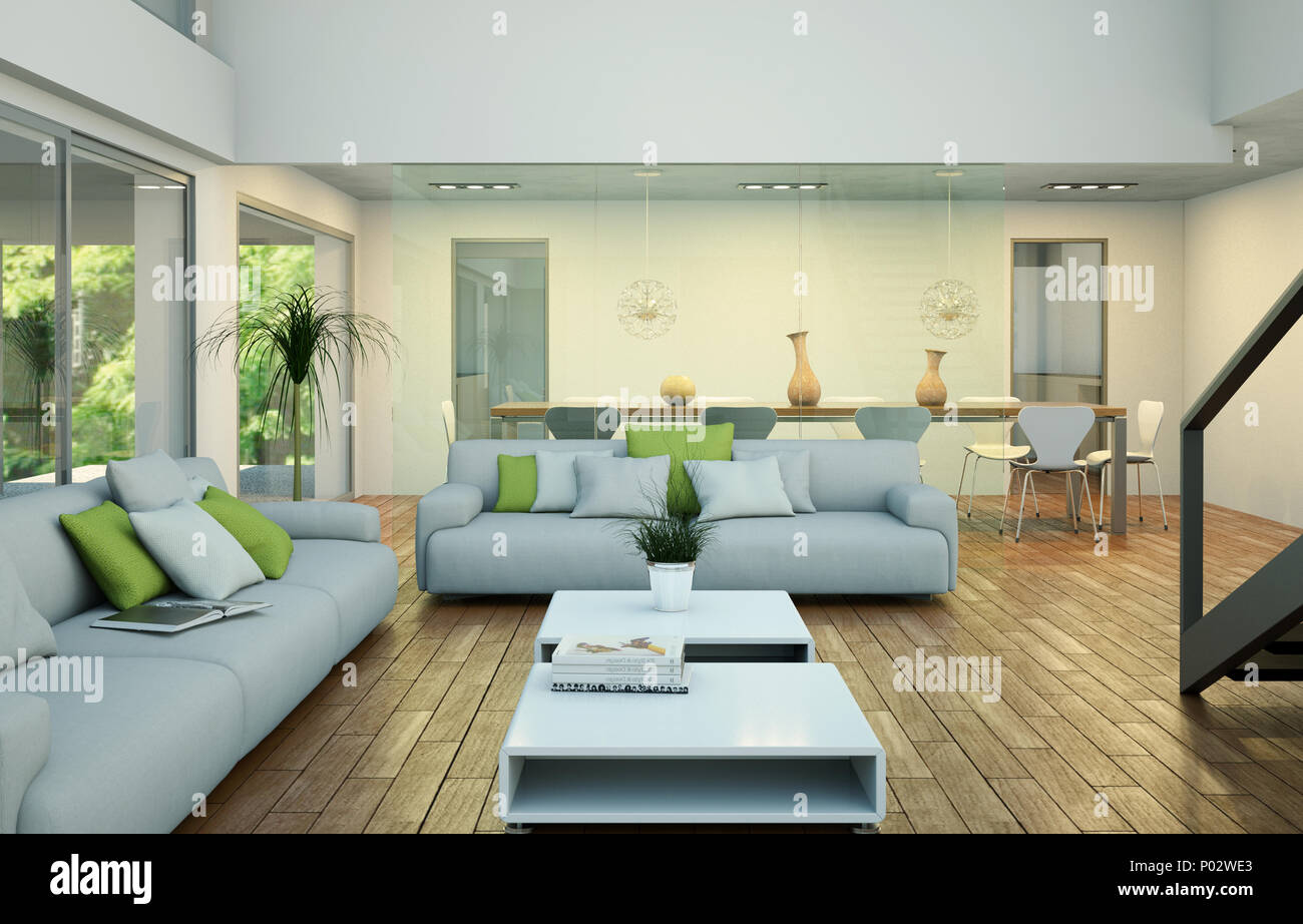 Modern bright loft interior design with sofa and dining table Stock