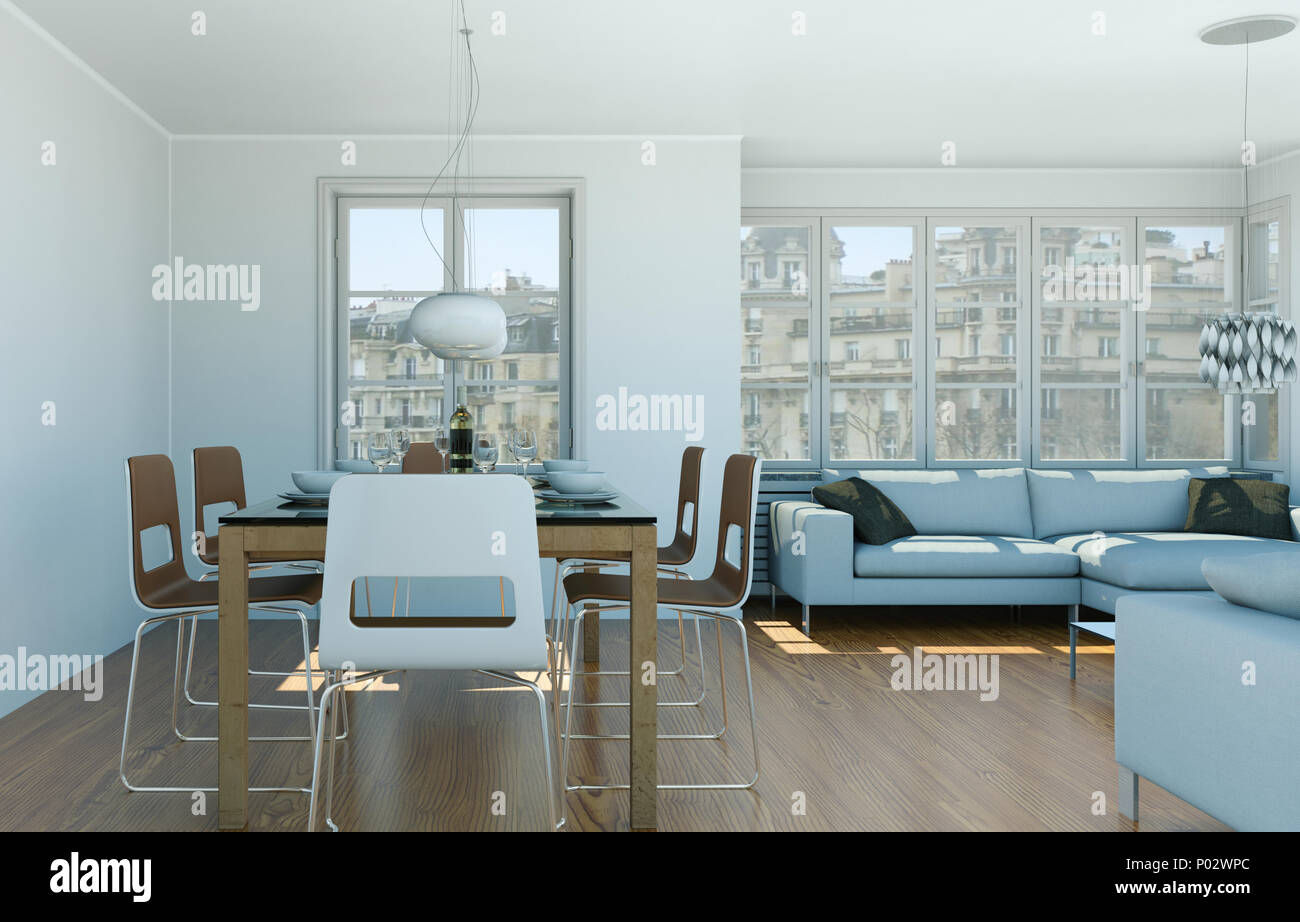 Modern bright loft interior design with sofa and dining table Stock