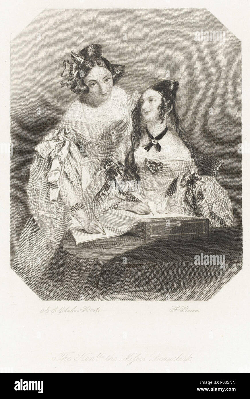 .  English: 'The Honble the Misses Beauclerk' 'The Honble the Misses Beauclerk' by Frederick Bacon after Alfred Edward Chalon. This print may relate to a story of the same name. Two young women wearing off the shoulder ball gowns write in a large book. One looks directly at the artist, she stands a little behind the other who is sitting gazing up at her friend. This print is published by the firm Smith, Elder & Co. The brother of Margaret Brodie Herschel (nee Stewart), Peter Stewart worked for Smith, Elder & Co as a printer. 'The Honble the Misses Beauclerk'  . circa 1850. Alfred Edward Chalon Stock Photo
