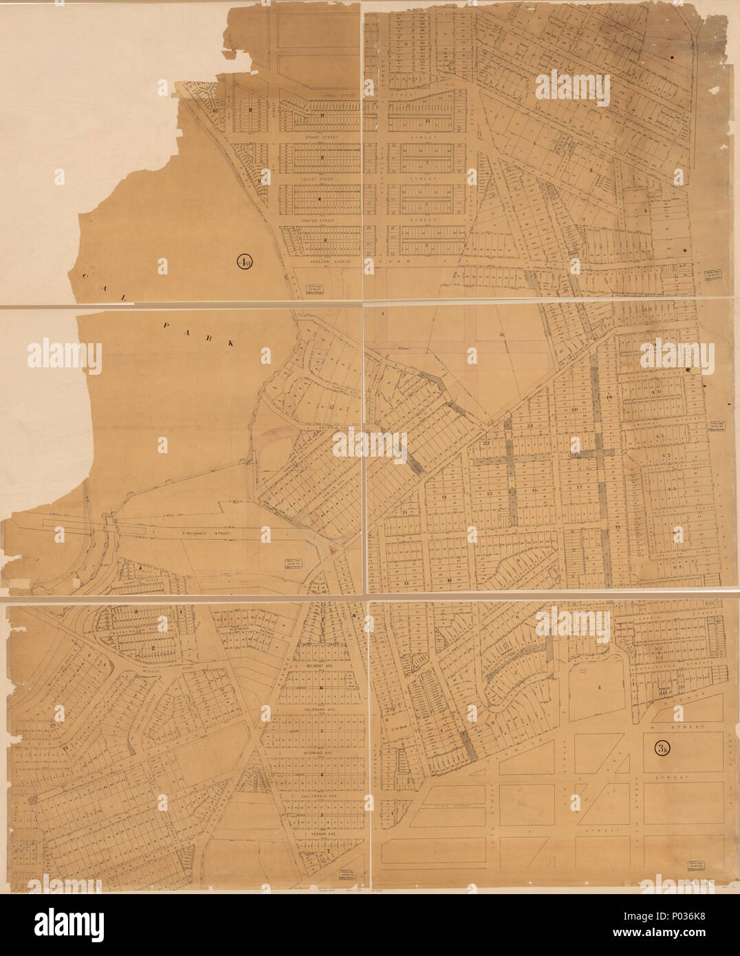 . English: Covers area bounded by Florida Av., 14th St., Newton St., Rock Creek Park, 23rd St., and California St. N.W., including all or parts of Kalorama Heights, Adams-Morgan, Mount Pleasant, Lanier Heights, and Columbia Heights. Title devised by cataloger. Two sheets numbered: 3b, 4a. LC copy brittle, missing large section at northwest, mounted on cloth backing, and extensively annotated in lead pencil shading and red ink to show proposed street extensions. Available also through the Library of Congress Web site as a raster image. DCP  . [Cadastral map of part of N.W. Washington D.C. immed Stock Photo