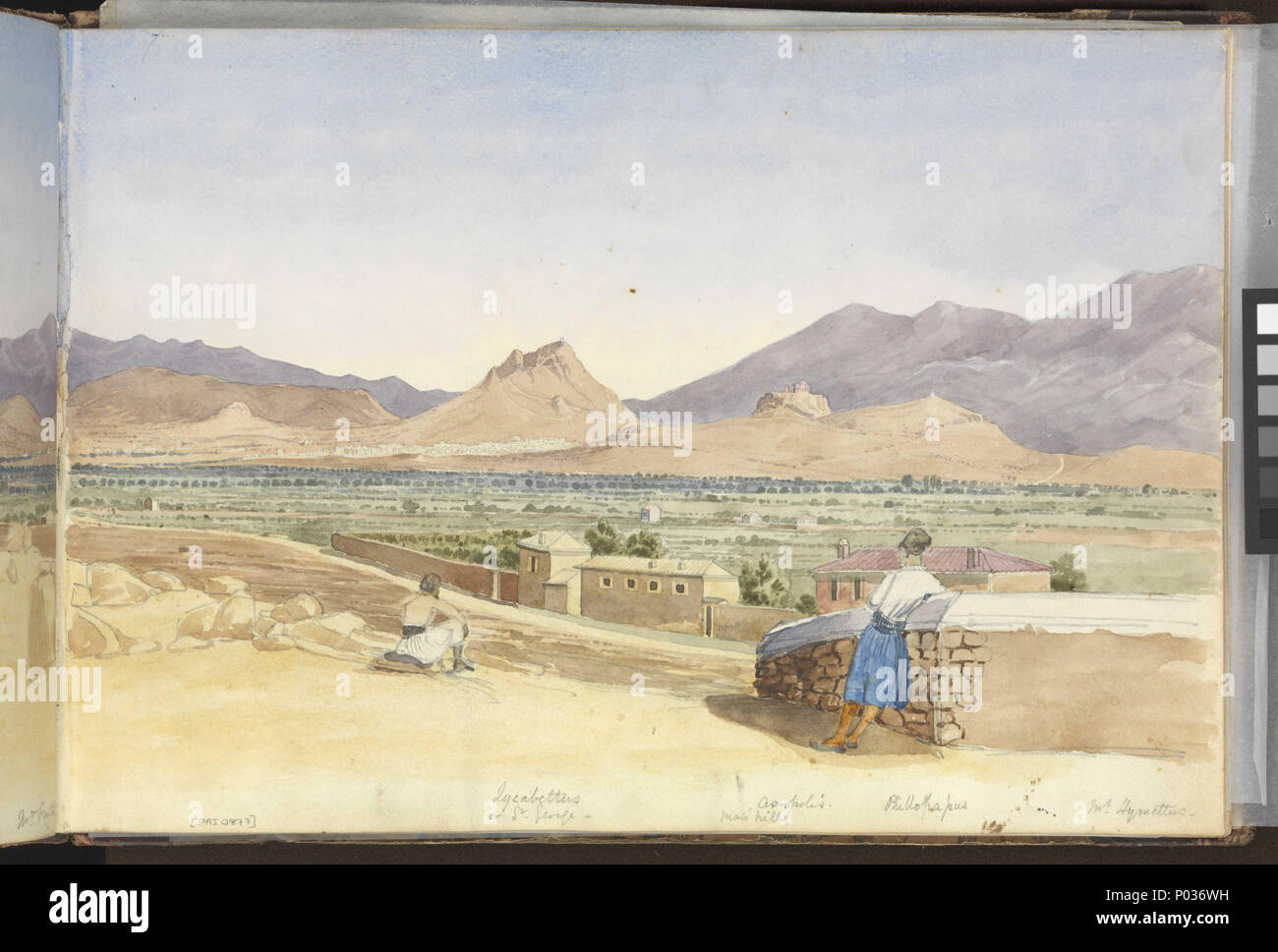 .  English: (Recto) The Plain of Athens, October 1852 (continuation to left on verso of PAI0876); (verso) the Bay of Salamis from the Piraeus road No. 29 of 36 (PAI0849 - PAI0884). (Recto) Panoramic study across one-and-a-half sides of a sketchbook, inscribed on the left-hand part sheet, top, 'Plain of Athens / October 8th 1852' and along the bottom 'Mt Pentelion' (left sheet) followed on the right sheet by [Mount] 'Lycabettus / or St George', 'Acropolis / Mars' [or Main] Hill' and 'Phillopapus'. In the foreground two Greek men in traditional dress look out across a roadway flanked by farm bui Stock Photo