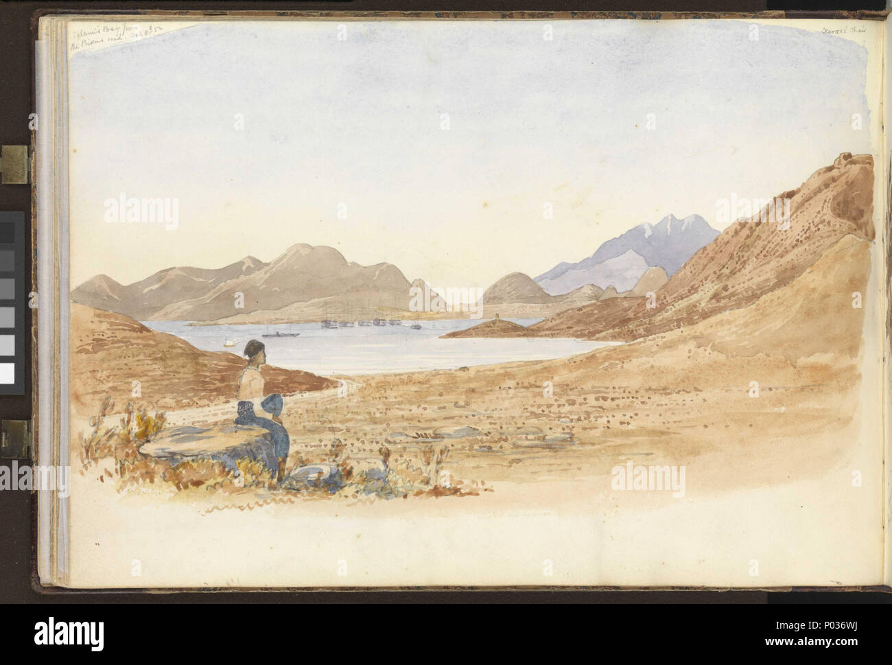 .  English: (Recto) The Plain of Athens, October 1852 (continuation to left on verso of PAI0876); (verso) the Bay of Salamis from the Piraeus road No. 29 of 36 (PAI0849 - PAI0884). (Recto) Panoramic study across one-and-a-half sides of a sketchbook, inscribed on the left-hand part sheet, top, 'Plain of Athens / October 8th 1852' and along the bottom 'Mt Pentelion' (left sheet) followed on the right sheet by [Mount] 'Lycabettus / or St George', 'Acropolis / Mars' [or Main] Hill' and 'Phillopapus'. In the foreground two Greek men in traditional dress look out across a roadway flanked by farm bui Stock Photo