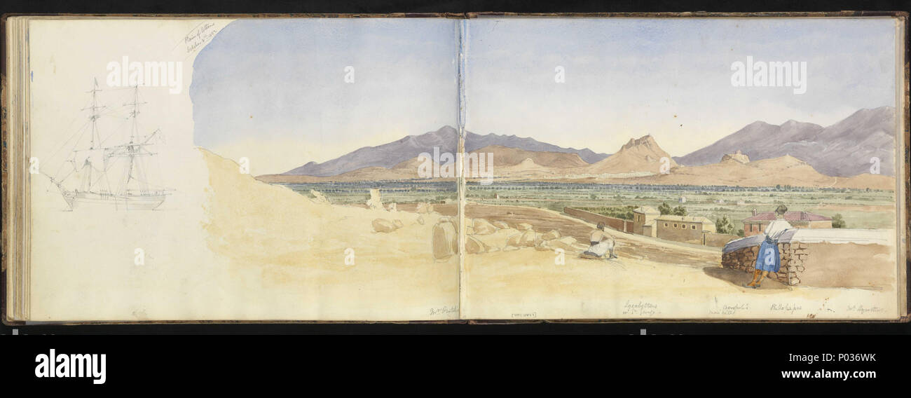 .  English: (Recto) The Plain of Athens, October 1852 (continuation to left on verso of PAI0876); (verso) the Bay of Salamis from the Piraeus road No. 29 of 36 (PAI0849 - PAI0884). (Recto) Panoramic study across one-and-a-half sides of a sketchbook, inscribed on the left-hand part sheet, top, 'Plain of Athens / October 8th 1852' and along the bottom 'Mt Pentelion' (left sheet) followed on the right sheet by [Mount] 'Lycabettus / or St George', 'Acropolis / Mars' [or Main] Hill' and 'Phillopapus'. In the foreground two Greek men in traditional dress look out across a roadway flanked by farm bui Stock Photo