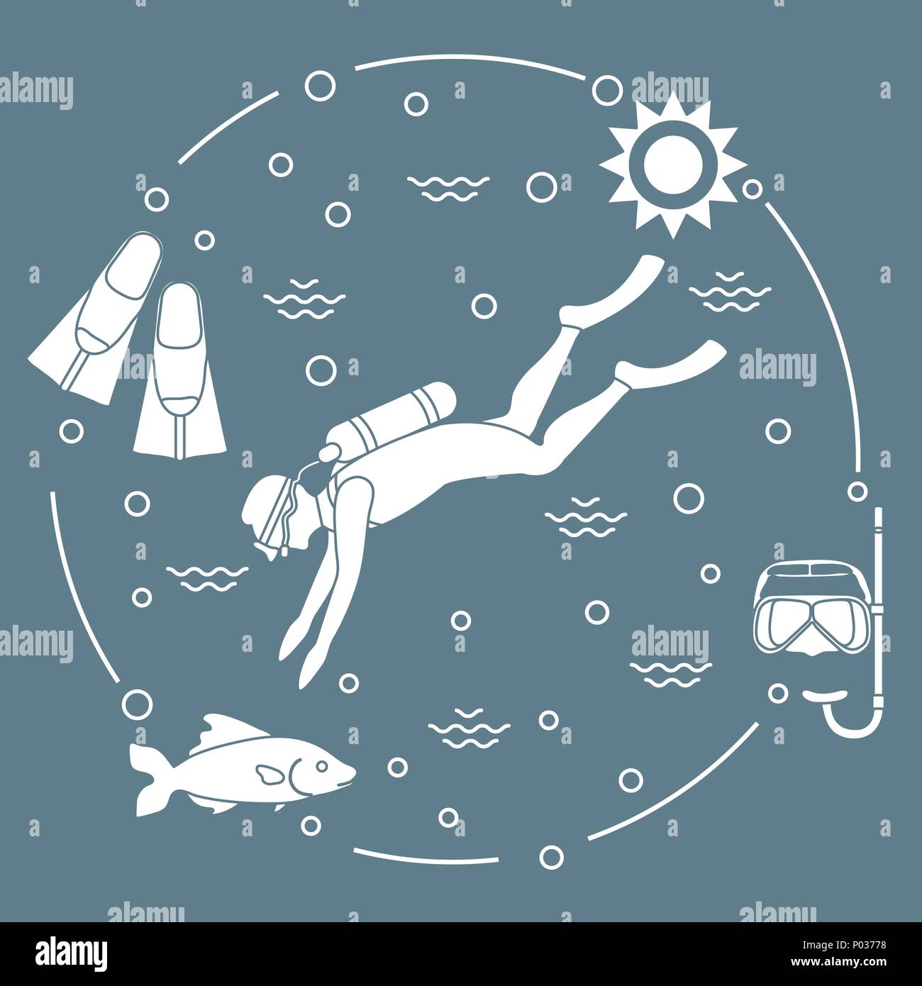 Mask, snorkel, flippers, sun, fish, scuba diver. Sports and recreation ...