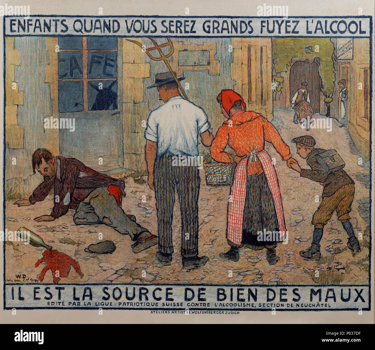 . English: A Swiss temperance poster from La Croix-bleue, Neuchatel, circa 1900. The text on the poster is 'ENFANTS QUAND VOUS SEREZ GRANDS FUYEZ L'ALCOOL IL EST LA SOURCE DE BIEN DES MAUX' which translates to 'CHILDREN WHEN YOU GROW UP STAY AWAY FROM ALCOHOL IT IS THE SOURCE OF MANY TROUBLES.' The poster is 88 x 110 cm. Printer: Atelier artist. J. E. Wolfensberger Zurich  . circa 1900. W. D. 3 La Croix-bleue poster Stock Photo
