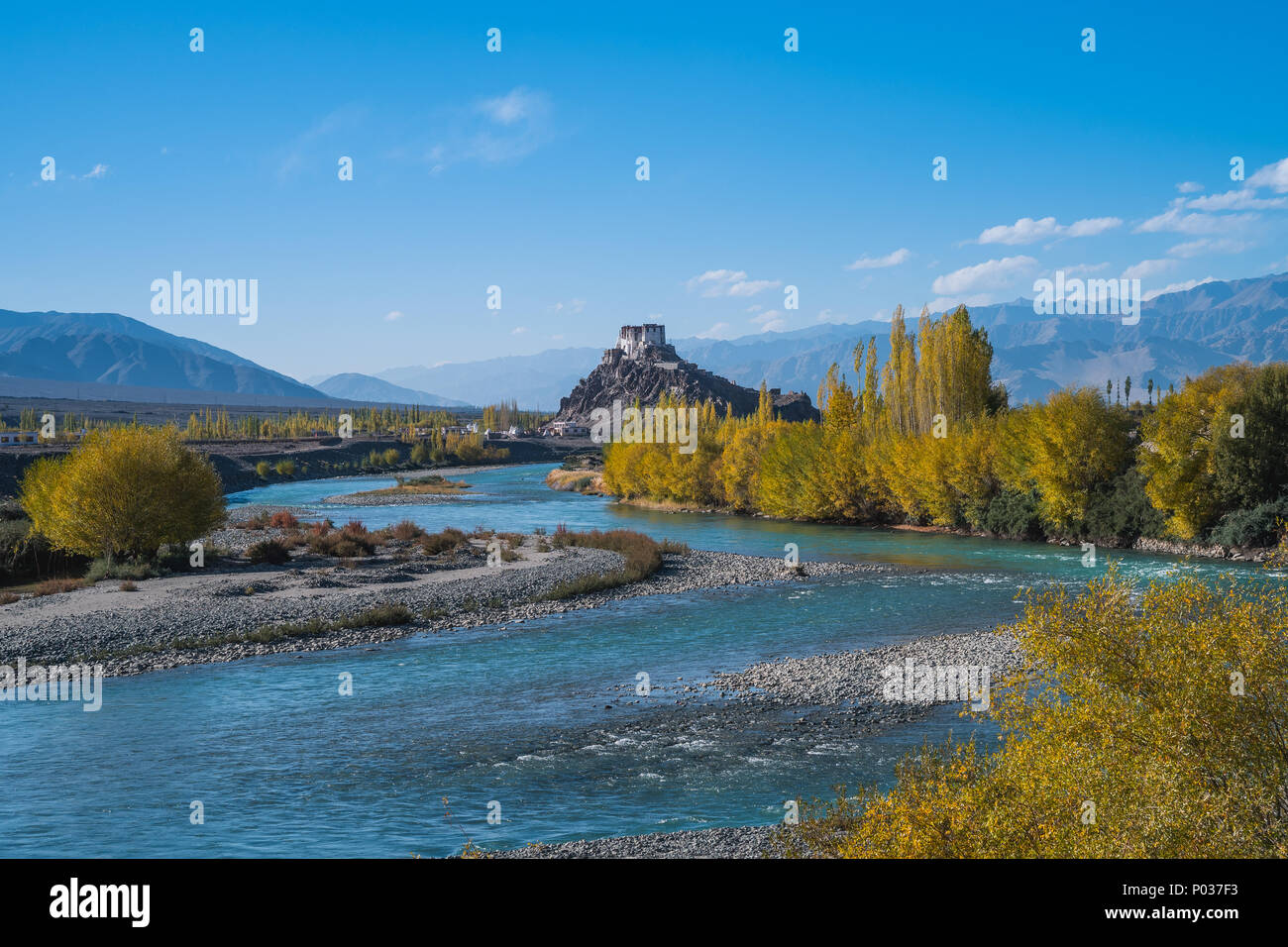 Stakna monastery with Indus river in Autumn season Stock Photo