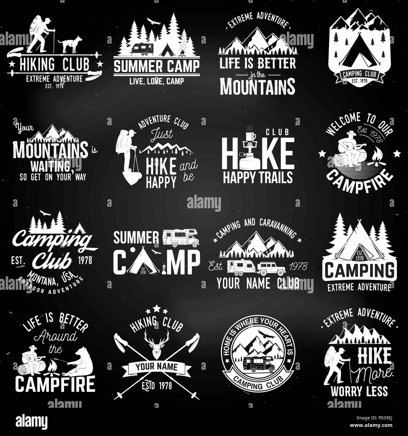Summer camp with design elements on the chalkboard. Vector illustration. Set of extreme adventure badges. Vintage typography design with rv trailer, c Stock Vector
