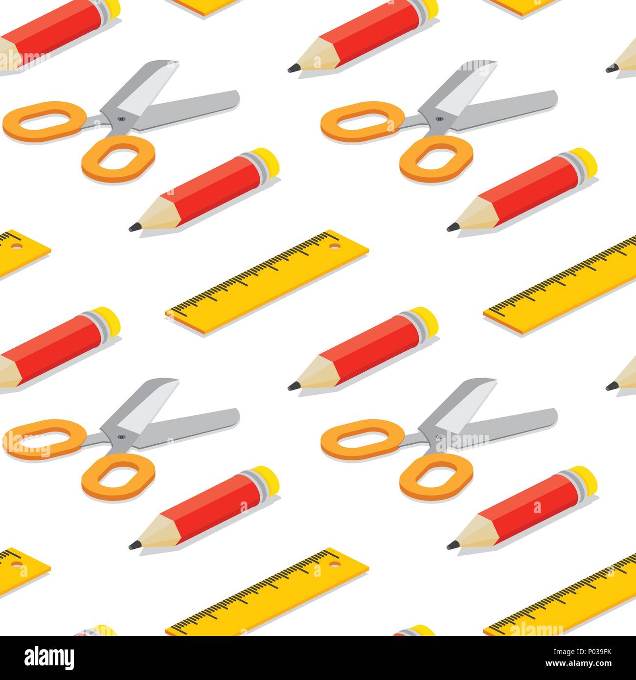Seamless pattern with isometric pencil, ruler and scissors on white background. Vector illustration. Stock Vector