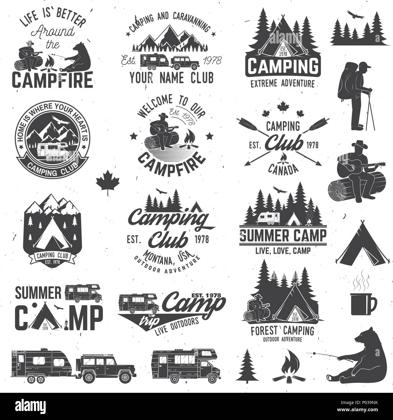 Summer camp with design elements. Vector illustration. Concept for shirt or logo, print, stamp or tee. Vintage typography design with rv trailer, camp Stock Vector
