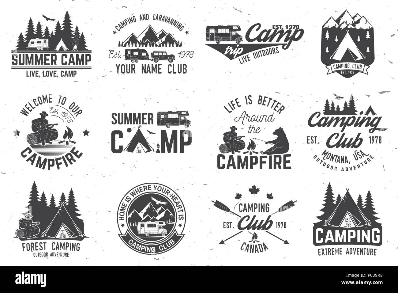 Summer camp. Vector illustration. Concept for shirt or logo, print, stamp or tee. Vintage typography design with rv trailer, camping tent, campfire, b Stock Vector