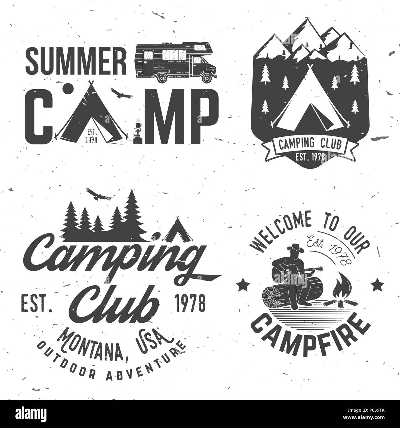 Summer camp. Vector illustration. Concept for shirt or logo, print, stamp or tee. Vintage typography design with rv trailer, camping tent, man with gu Stock Vector