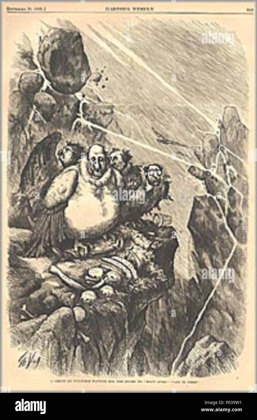 .  English: A Group of Vultures Waiting for the Storm to 'Blow Over'--'Let Us Prey.' by Thomas Nast Wood engraving published in Harper's Weekly newspaper, September 23, 1871 Boss Tweed and the Tammany Ring shown as vultures perched on a cliff trying to wait out the storm of accusations.  . 23 September 1871.    Thomas Nast  (1840–1902)      Alternative names Thos. Nast; Nast  Description German-American cartoonist and caricaturist  Date of birth/death 27 September 1840 7 December 1902  Location of birth/death Landau, Germany Guayaquil, Ecuador  Work location England, Italy, USA  Authority cont Stock Photo