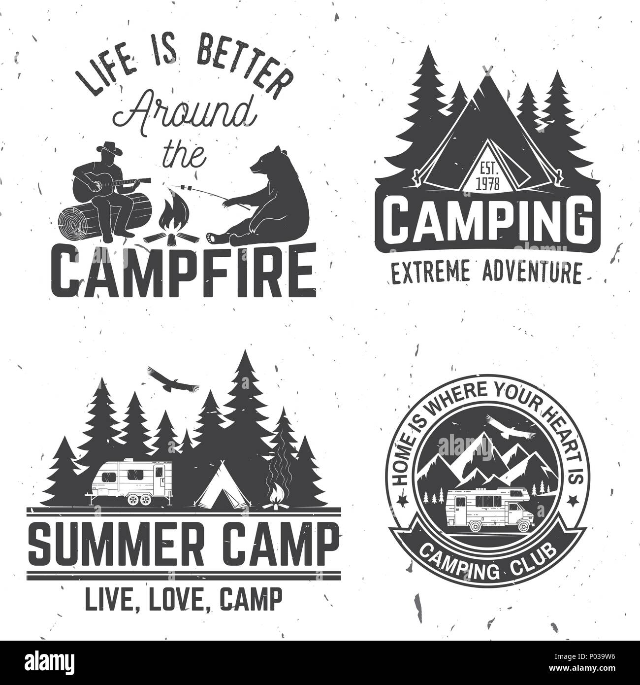 Summer camp. Vector illustration. Concept for shirt or logo, print, stamp or tee. Vintage typography design with rv trailer, camping tent, campfire, b Stock Vector