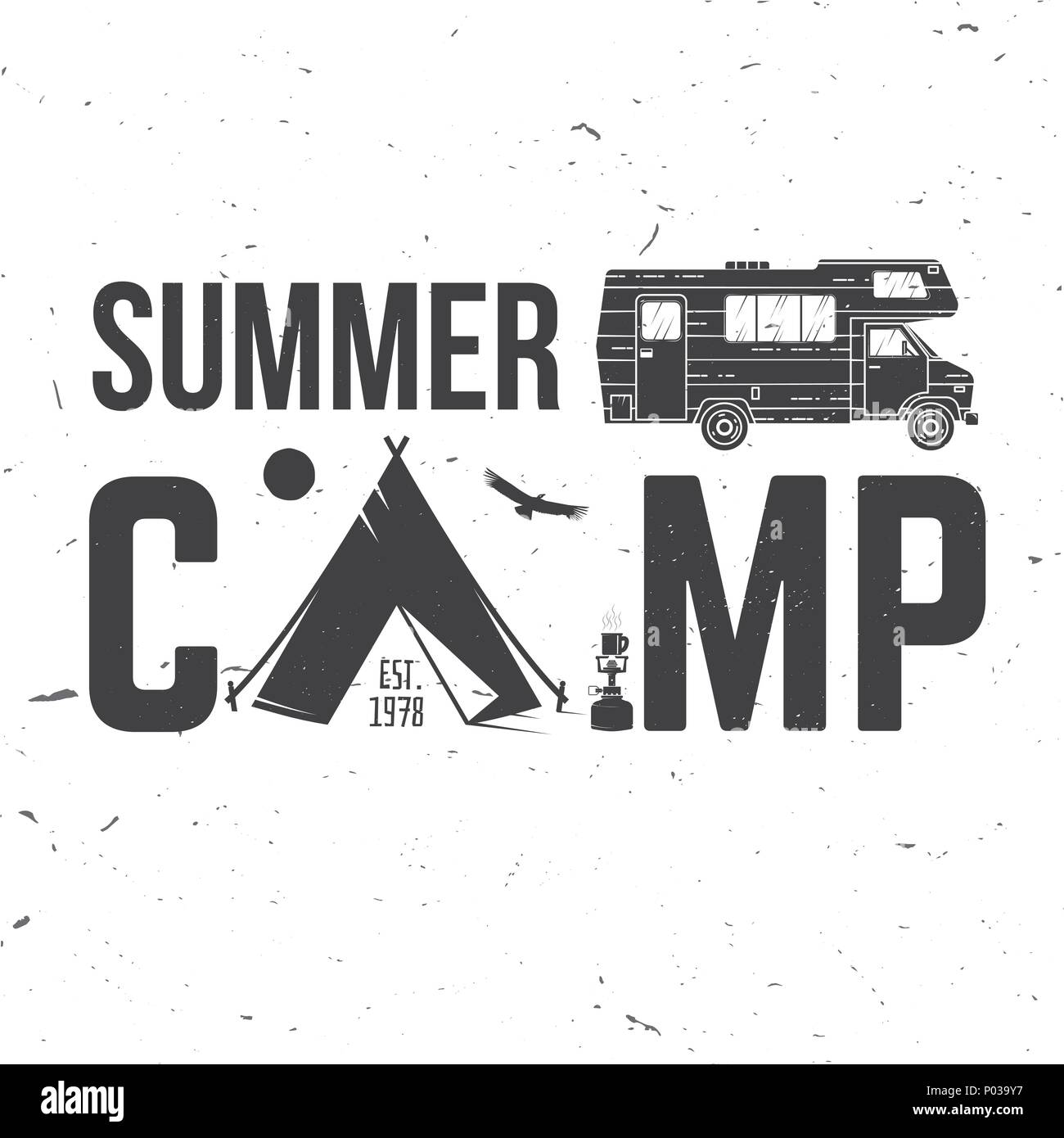 Summer camp. Vector illustration. Concept for shirt or logo, print, stamp or tee. Vintage typography design with rv trailer, camping tent and forest s Stock Vector