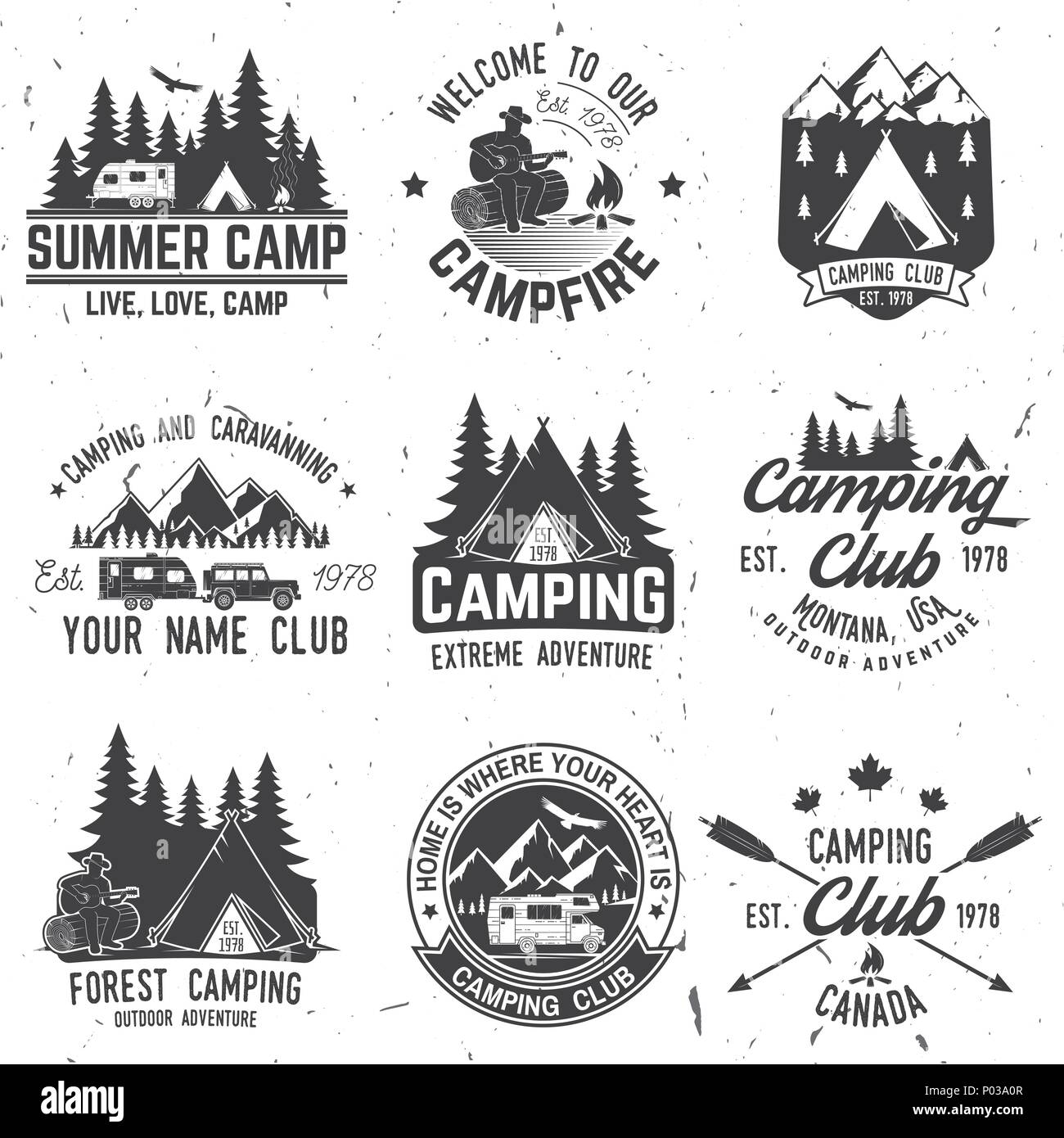 Camper and caravaning club. Vector illustration. Concept for shirt or logo, print, stamp or tee. Vintage typography design with Camper tent and forest Stock Vector
