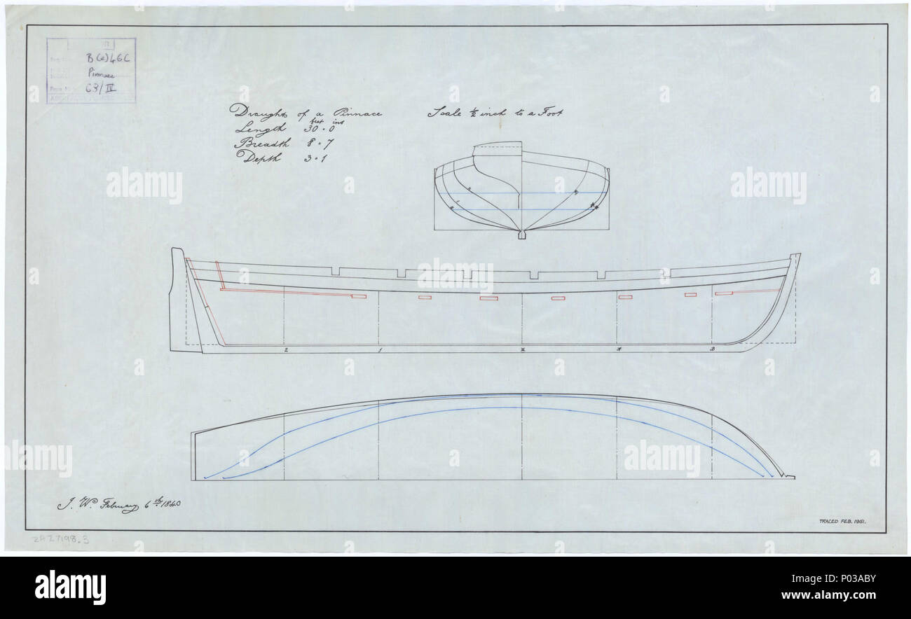 .  English: 30 ft Pinnace Scale: 1:24. Plan showing the body plan, profile, and longitudinal half-breadth for a 12-oared 30 ft Pinnace. This is the original plan from which ZAZ7198.3 was traced in 1951, and ZAZ7198.1 and ZAZ7198.2 are dyeline copies of the tracing. lines & profile, duplicate of ZAZ7198 22 30 ft Pinnace RMG J0667 Stock Photo