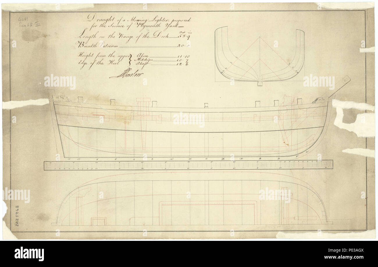 .  English: 58ft Mooring Lighter (no date) Scale: 1:48. a plan showing the body plan, inboard profile, and longitudinal half-breadth with deck details proposed for a fifty-eight foot mooring lighter, for service at Plymouth Dockyard. Signed by John Henslow [Master Shipwright, Plymouth Dockyard, 1775-1784; later Surveyor of the Navy, 1784-1806]. 58ft Mooring Lighter (no date) lines and profile 23 58ft Mooring Lighter (no date) RMG J0346 Stock Photo