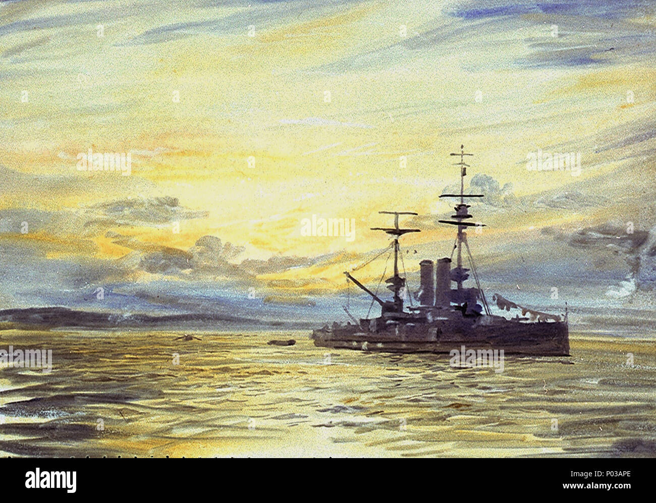 .  English: A 'King Edward VII'-class battleship at anchor, possibly in Scapa Flow, at evening (or dawn) The location of this fine watercolour study is possibly Scapa Flow, with a battleship of the 'King Edward VII' class depicted as fitted in 1916-18. Washing is drying on the forestay.  . 1916-18.    William Lionel Wyllie  (1851–1931)     Alternative names W. L. Wyllie  Description British painter  Date of birth/death 5 July 1851 6 April 1931  Location of birth/death London London  Authority control  : Q2579750 VIAF:?30430865 ISNI:?0000 0001 1050 1763 ULAN:?500007278 LCCN:?n84116203 NLA:?3653 Stock Photo