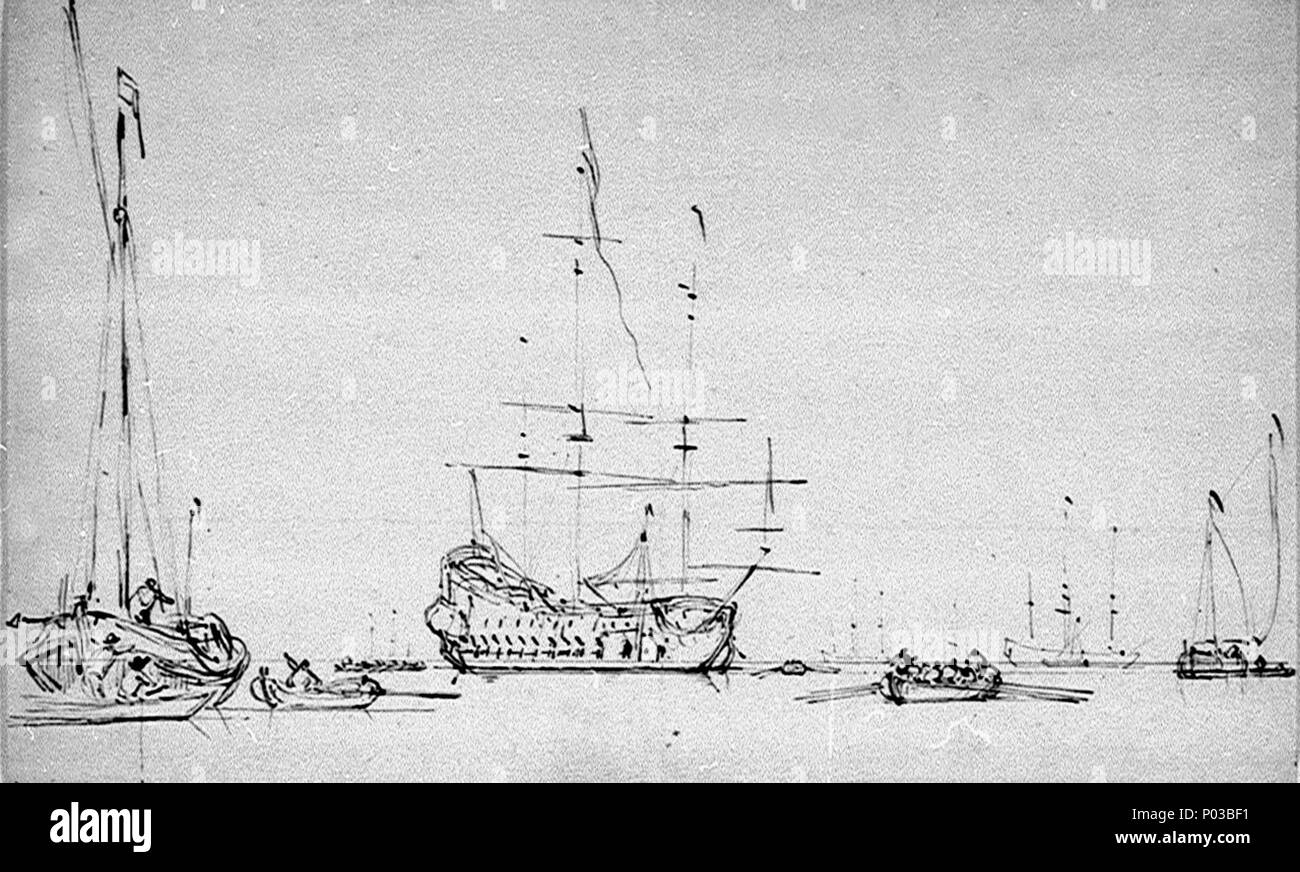.  English: A boeier and a Dutch flagship at anchor The drawing is one of a group of drawings in the collection in pen and ink and wash which van de Velde made to illustrate his method of drawing ships so that they appear in the correct relative sizes when shown at different distances. In this study in perspective the horizon line has been ruled and the vessels and the figures in the boats have been drawn so that the horizon line passes through them at a height of four feet, wherever they are placed in the drawing. In the left foreground there is a port view of a boeier with a boat alongside a Stock Photo