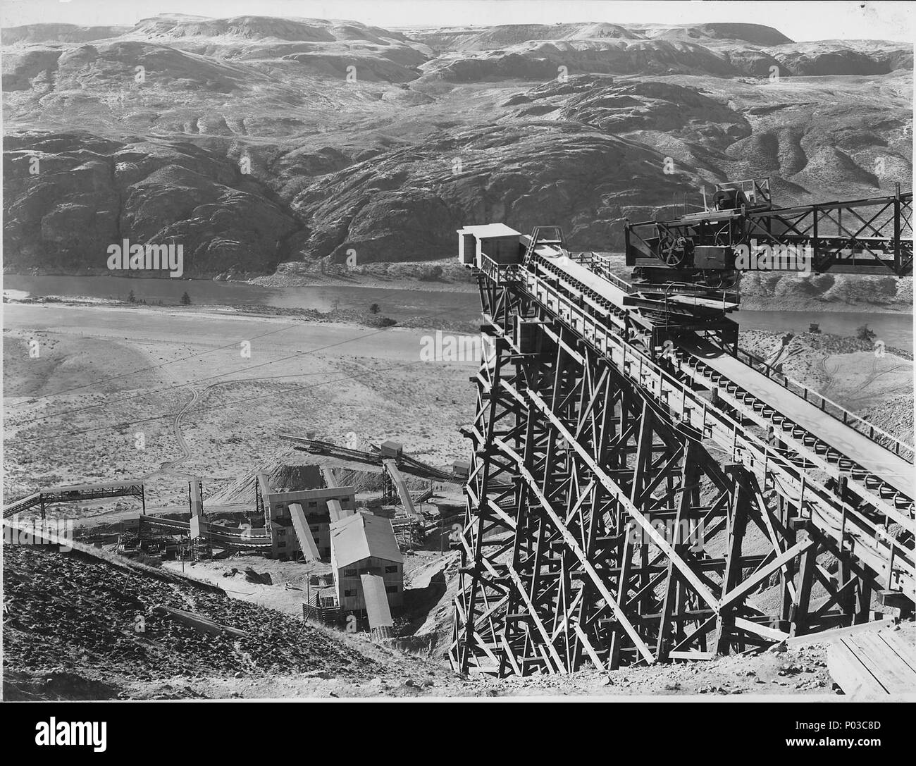 The discharge end of the 200 foot conveyor boom in the gravel pit