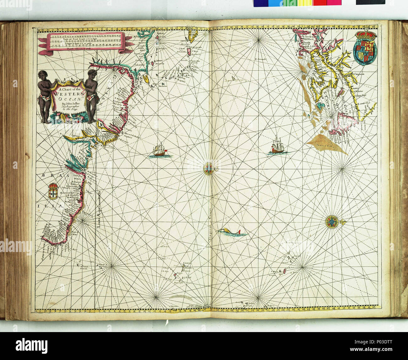 .  English: A chart of the western oceanBound sheet. Hand col engr. Scale: [ca. 1: 14 500 000 (bar)]. Cartographic Note: North at 90 degrees. Borders graduated for latitude. Plane chart. Bar scales in English and French leagues, Spanish leagues and Dutch miles. Additional Places: North Atlantic. PBE6862, Seller Atlas Maritimus, Western Ocean  . 1675. John Darby; Seller, John 35 A chart of the western ocean RMG F8077 Stock Photo