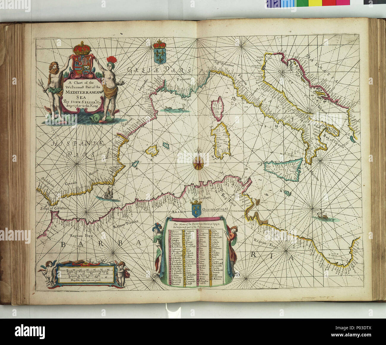 .  English: A chart of the westermost part of the Mediterranean Sea.Bound sheet. Hand col engr. Scale: [ca. 1:5 000 000 (bar)]. Cartographic Note: Borders graduated for latitude. Bar scales in English and French leagues, Spanish leagues and Dutch miles. Contents Note: Contains an inset list of names of islands, capes, havens etc. A chart from 'Atlas Maritimus', or the Sea Atlas; being a book of maritime charts. PBE6862, Seller Atlas Maritimus, w. part of Medit.  . 1675. John Darby; Seller, John 35 A chart of the westermost part of the Mediterranean Sea. RMG F8066 Stock Photo