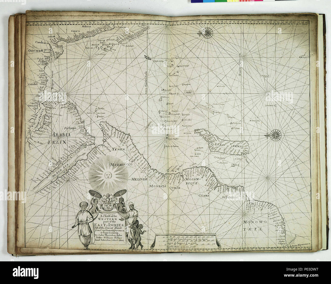 .  English: A chart of the western part of the East Indies. With all the adjacent islands, from Cape Bona Esperanca to Cape ComorinBound sheet. Engr. Scale: [ca. 1:14 000 000 (bar)]. Cartographic Note: North at 270 degrees. Borders graduated for latitude. Plane chart. Bar scales in English and French leagues, Spanish leagues and Dutch miles (altered from first state of chart). Additional Places: Indian Ocean. A chart from the 'English Pilot, the Third Book, describing ... the Oriental Navigation'. Although it has the same title and coverage as a chart in Seller's 1675 Atlas Maritimus, this is  Stock Photo