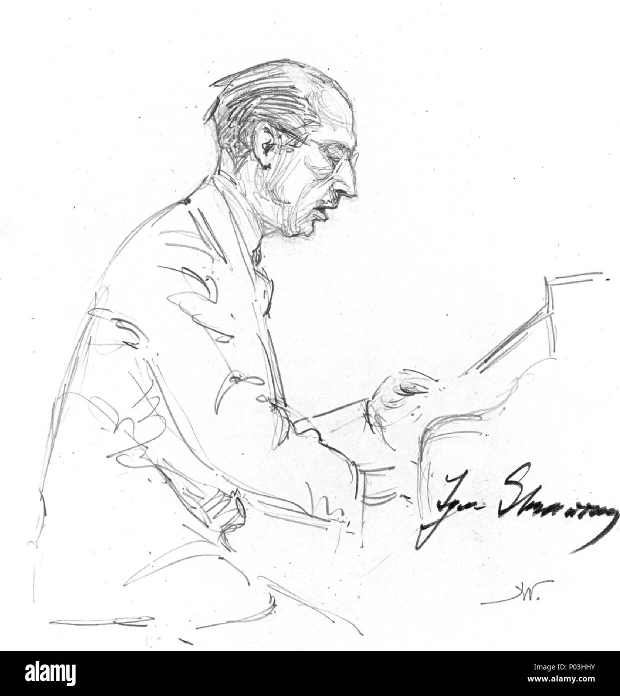 English: Igor Stravinsky playing the Capriccio for Piano and Orchestra  pencil on paper 16.8 x 22.8 cm cropped to 16.8 x 17.6 cm signed l.r.: HW  signed by the performer l.r.: